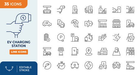 Car charging station, Ev charging stations icon set. Containing EV, electric socket station, car plugged to charge, battery, and more. Outline Icon Collection. Vector illustration. Editable stroke	