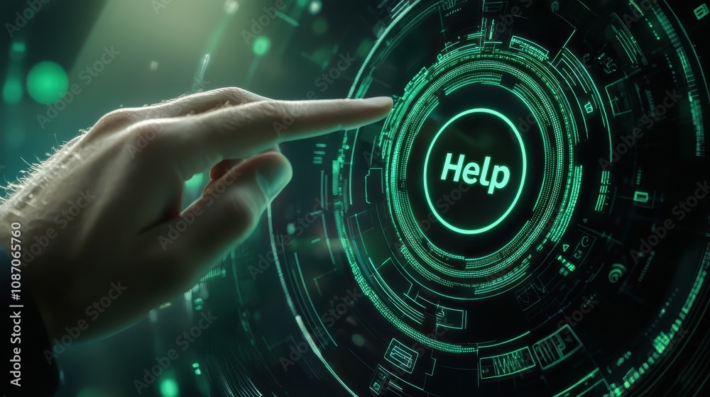 Poster futuristic hand pointing at digital help button in neon green interface with tech elements and abstr