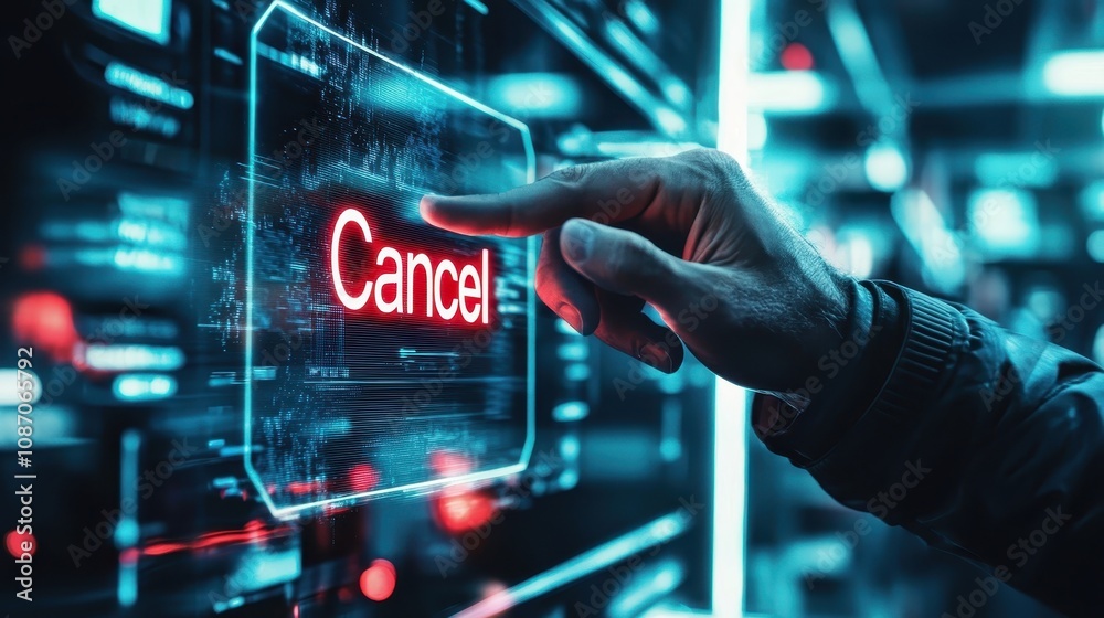 Poster hand selecting cancel button on futuristic interactive display screen in dark environment with neon 