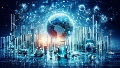 Advanced laboratory filled with scientific equipment and a glowing holographic globe, symbolizing global research