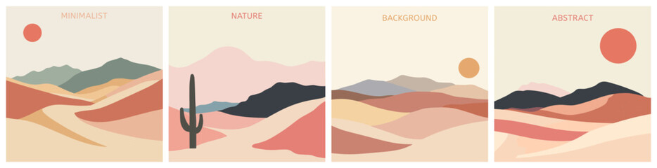 Abstract minimalist desert landscape square posters set. Summer nature scenes sandy hills sun. Soft natural colours. Post card greeting social media design backdrop template. Flat style design vector