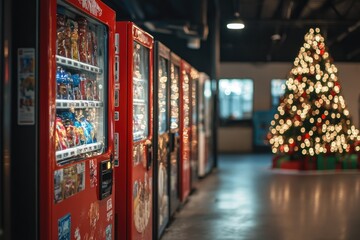 Fototapeta premium Red vending machines and christmas tree lights blurring in modern building