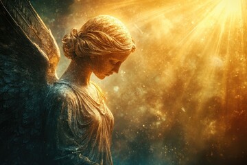 Angel statue praying with light rays shining down in a grunge background