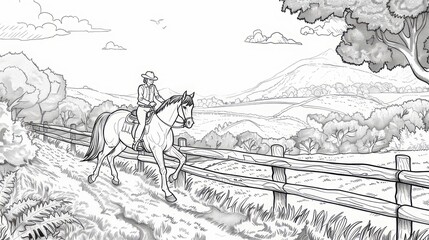 Obraz premium A horseback rider enjoys a peaceful trail ride through rolling hills and farmland