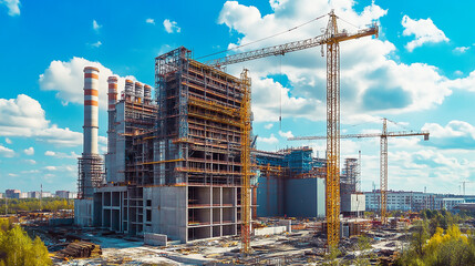Residential Apartment Towers Under Construction in Vibrant Urban Skyline A city skyline with many tall buildings and cranes in the background Construction of large steel structure office buildings


