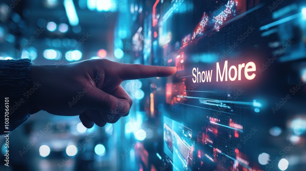 Poster close-up of a human hand tapping on a digital screen with brightly lit show more text in a futuristi