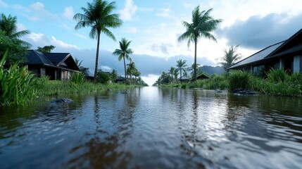 Obraz premium Serene waterway flanked by palm trees and tranquil homes.
