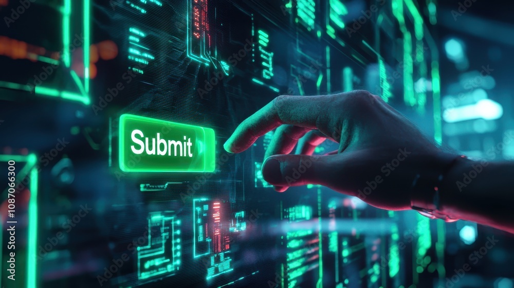 Poster futuristic hand reaching for green submit button in a digital interface surrounded by code and graph