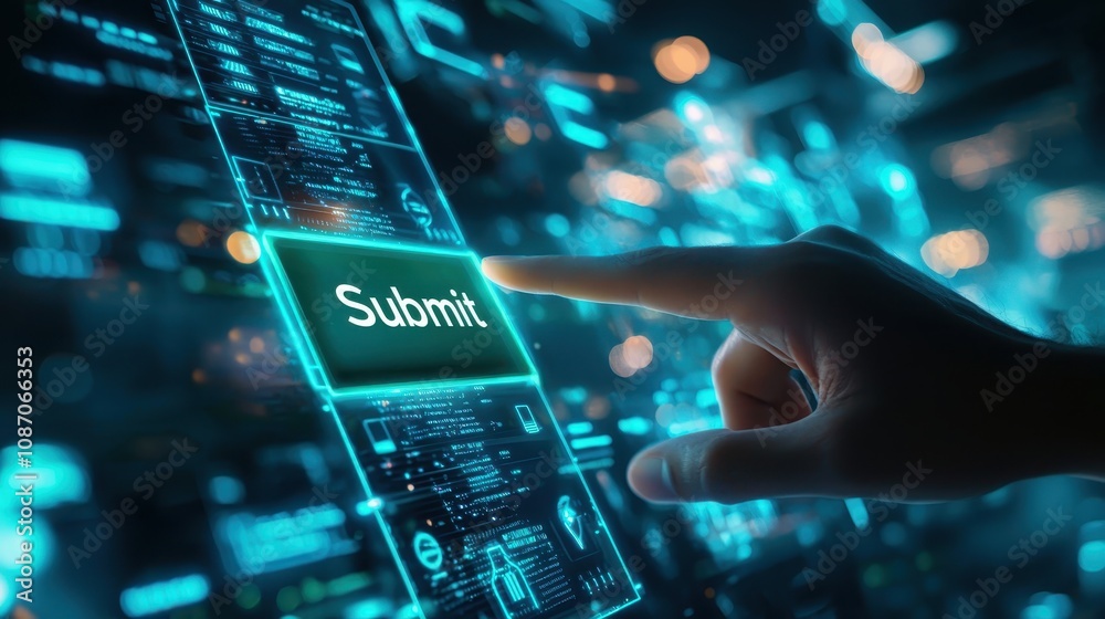 Poster digital interface with finger pressing submit button on futuristic screen surrounded by data and inf