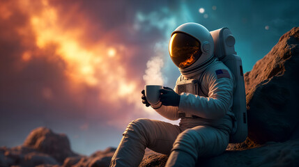 An AstronautÆs Serene Moment with Coffee Amidst a Colorful Nebula and Cosmic Beauty in Outer Space