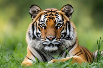 Fototapeta premium Majestic sumatran tiger resting peacefully in lush green grass