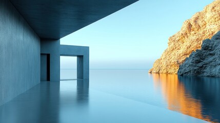 Modern architectural space overlooking a serene water landscape.