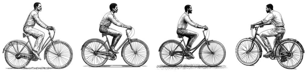 Obraz premium A smiling black man riding a bike and enjoying bicycle travel with eco-friendly green transport. A young smiling cyclist is seen from the side. Flat modern illustration isolated on white.