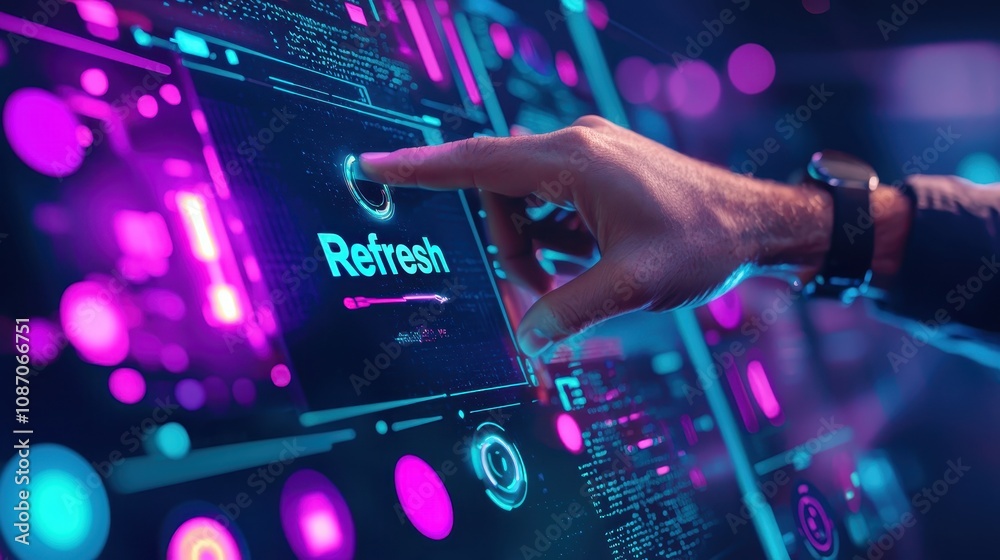 Poster futuristic user interface interaction with a hand pressing refresh button on a digital screen surrou