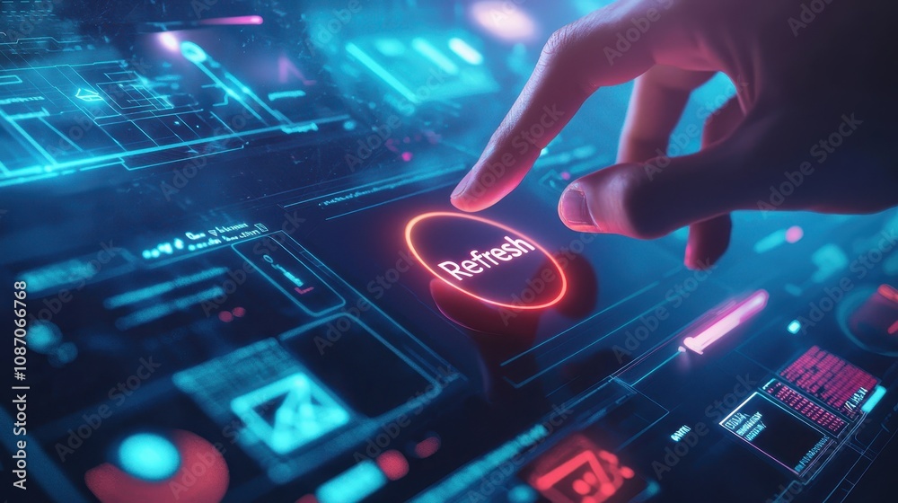 Poster futuristic user interface interaction with neon elements and refresh button highlighted, showcasing 