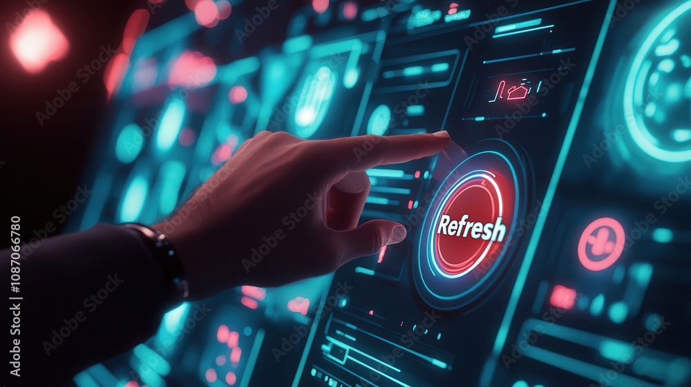 Poster futuristic interface with touchscreen technology: user interacting with digital control panel for re