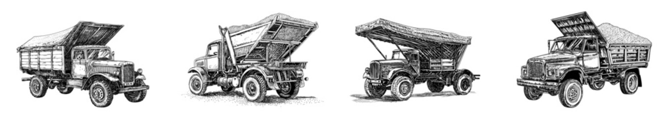 Naklejka premium An illustration of the front of a mine truck in black and white.