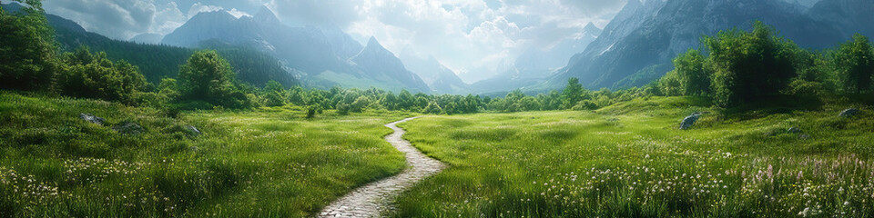 Obraz premium A winding pathway through a verdant meadow, framed by towering mountain ranges in the distance.