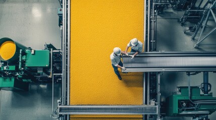 Workers Inspecting a Conveyor Belt of Yellow Pellets