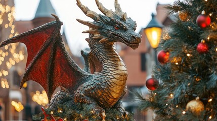 Fototapeta premium Ornate dragon statue with festive red and gold decorations in an urban setting.
