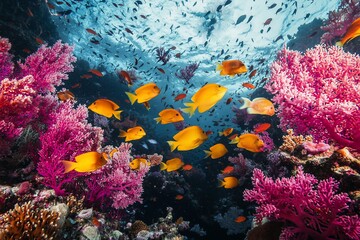 Fototapeta premium Vibrant Coral Reef Scene with Colorful Fish Beneath the Ocean's Surface