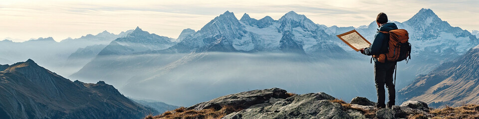 Fototapeta premium A breathtaking view of mountain peaks in the distance, with a lone hiker studying a well-worn map.