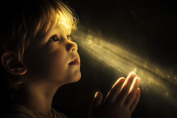 Innocent Child in Warm Light Praying with Hopeful Expression, Symbolizing Purity, Faith, and the Magic of Childhood Moments Captured in Beautiful Soft Lighting