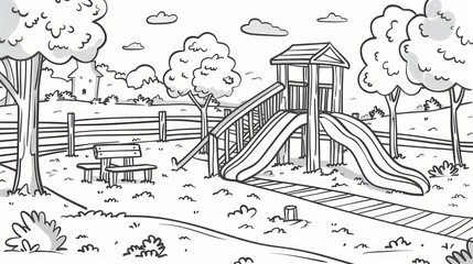 Fototapeta premium A peaceful park scene features a playground with a slide and a bench under shady trees