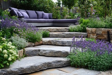Modern garden design featuring stone steps and comfortable seating area