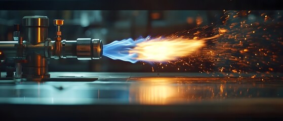 A close-up of a flame from a gas torch, showcasing industrial equipment in action.