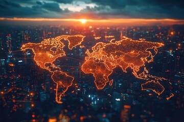 Glowing world map connecting global cities at sunset