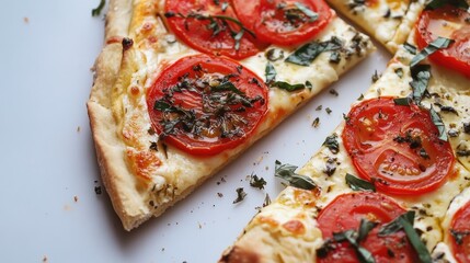 Thin-crust Italian pizza with golden cheese, herbs, and tomatoes, displayed on a white background