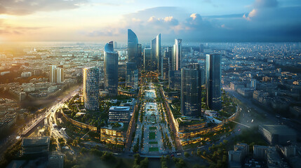 Obraz premium Modern office building concept 3d rendering. Modern office building or business center. High-rise windor buildings made of glass reflect the clouds 