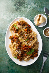 Spaghetti Bolognese with fresh basil