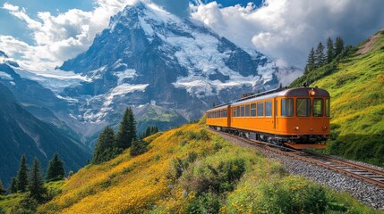 Obraz premium Orange train moving on railway near jungfrau mountain in swiss alps