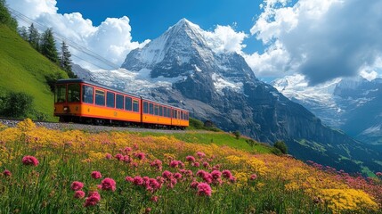 Wengernalpbahn slowly running near the majestic jungfrau mountain in switzerland