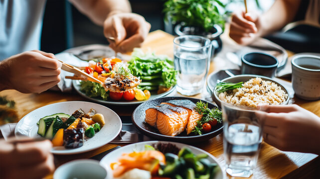 健康的な食事を楽しむ筋肉質な日本人と肥満体型の日本人