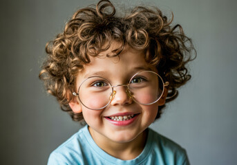 Obraz premium Cute young boy with curly hair and large glasses smiles brightly in a cozy indoor setting during the daytime
