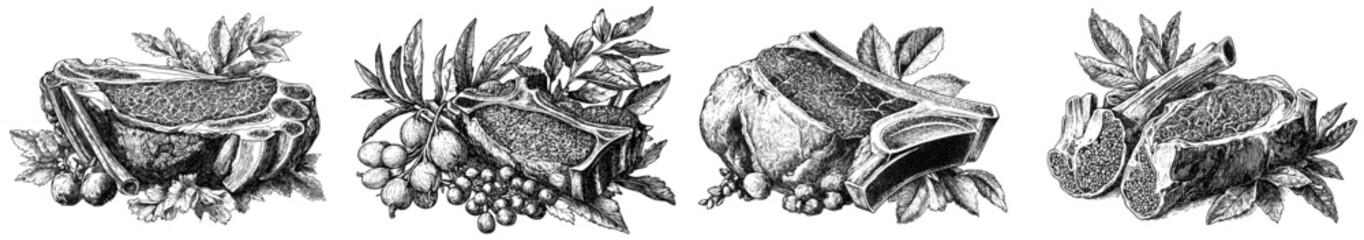 An illustration of a cooked raw ribeye steak featuring the marbling and bone, perfect for culinary and food art themes. Scratch board printing.