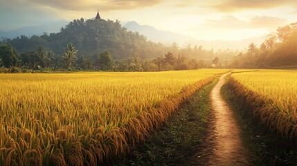 Obraz premium Serene Golden Rice Field at Sunset with Majestic Temple on Hill, Lush Greenery and Mountains in Background, Ideal for Nature and Travel Themes