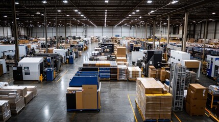 Naklejka premium Industrial Warehouse with Stacked Boxes and Machinery