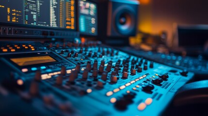 A close-up view of an audio mixing console with illuminated controls and screens, showcasing a vibrant and modern music production environment.