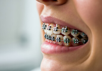 A teenager smiling with braces during a dental checkup in a modern orthodontic clinic in the afternoon light