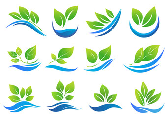 set of nature-themed logos featuring green leaves and blue wave-like shapes on a white background. Designs represent concepts of gardening, hydroponics, or eco-friendly initiatives