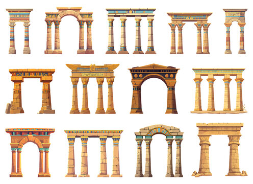 Ancient Egypt stone columns set. Old pharaoh god temple arches with gate pillars. Ornamental decorative palm hieroglyph motifs. Game assets. Cartoon style isolated vector clipart collection
