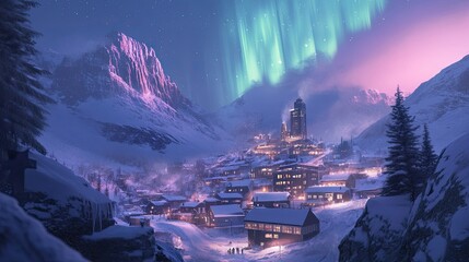Modern Arctic city buildings covered in snow under the Northern Lights