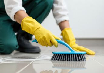 A person wearing yellow gloves scrubs a tiled floor with a blue brush in a bright, clean room during a thorough cleaning session