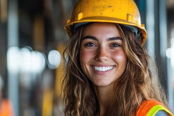 Female construction worker smiling and wearing yellow hardhat