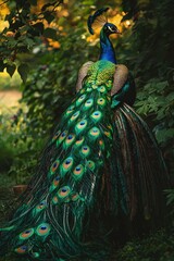 Obraz premium Majestic Peacock Displaying Vibrant Feathers in a Lush Green Environment with Soft Natural Light Illuminating Its Striking Colors and Patterns