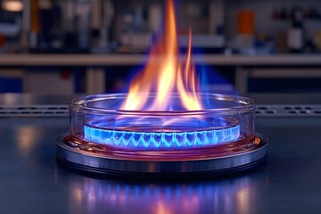 A blue and orange flame burns in a glass dish, showcasing heat and energy in a laboratory setting.